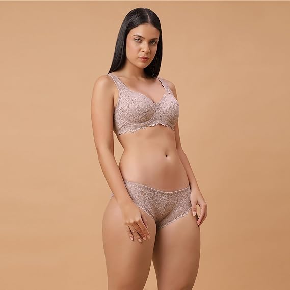 SOIE Women’s Lace Bra & Brief Set – Underwire, Non-Padded, Mid Rise